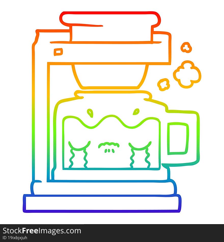 rainbow gradient line drawing of a cartoon crying filter coffee machine