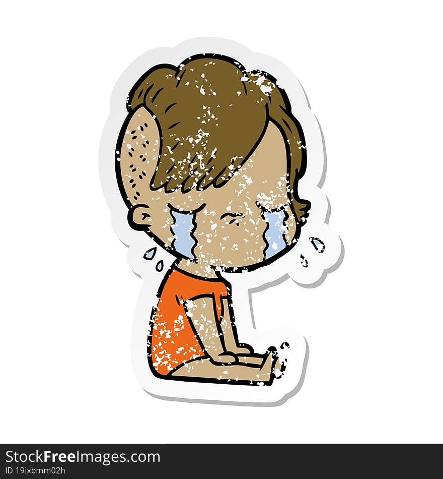 distressed sticker of a cartoon crying girl