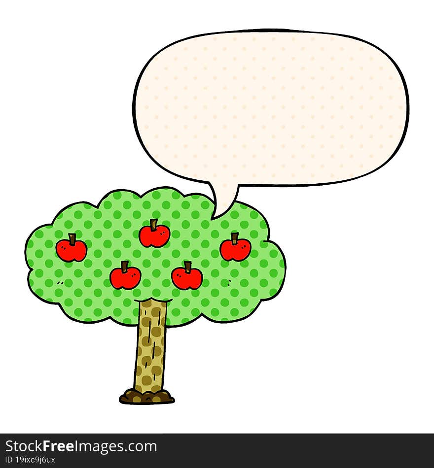 cartoon apple tree and speech bubble in comic book style