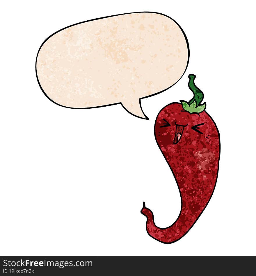 Cartoon Hot Chili Pepper And Speech Bubble In Retro Texture Style