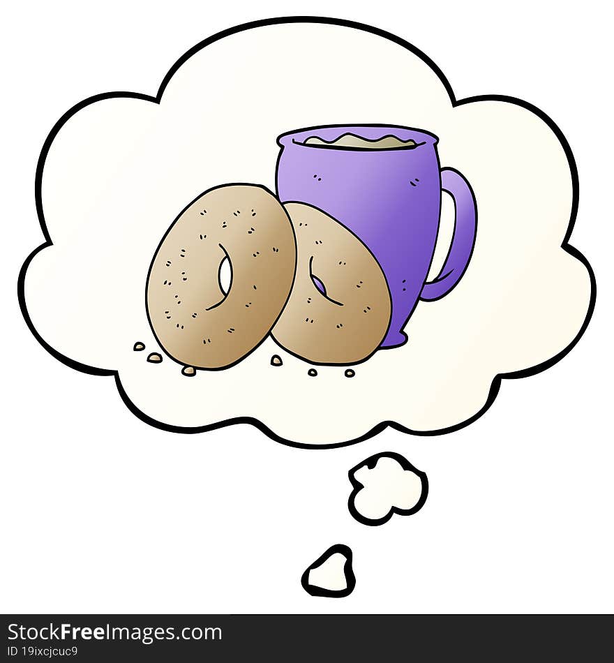 cartoon coffee and donuts with thought bubble in smooth gradient style