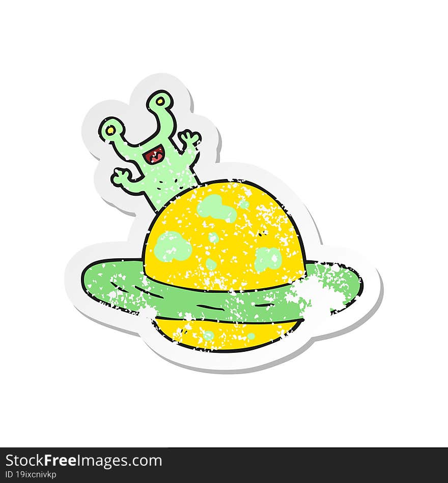 retro distressed sticker of a cartoon alien planet