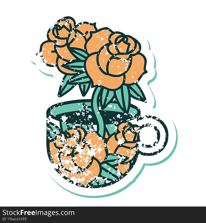 distressed sticker tattoo style icon of a cup and flowers