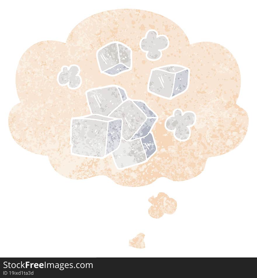 Cartoon Ice Cubes And Thought Bubble In Retro Textured Style