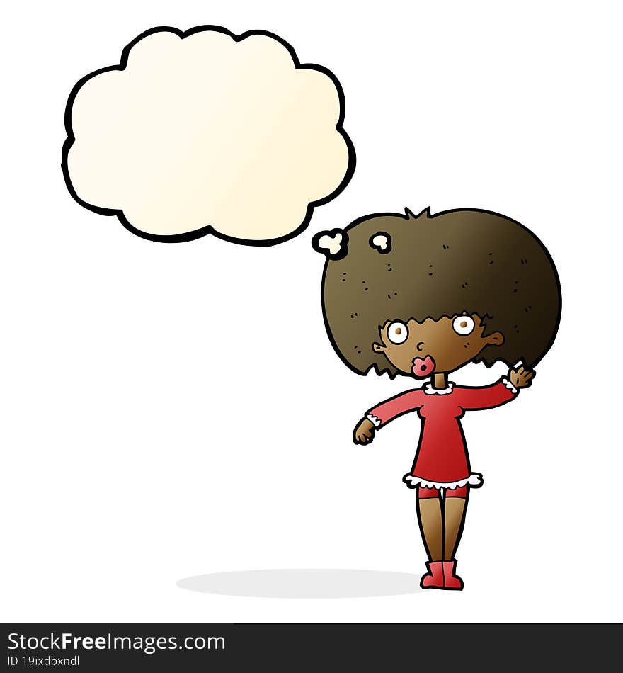 cartoon waving girl with thought bubble