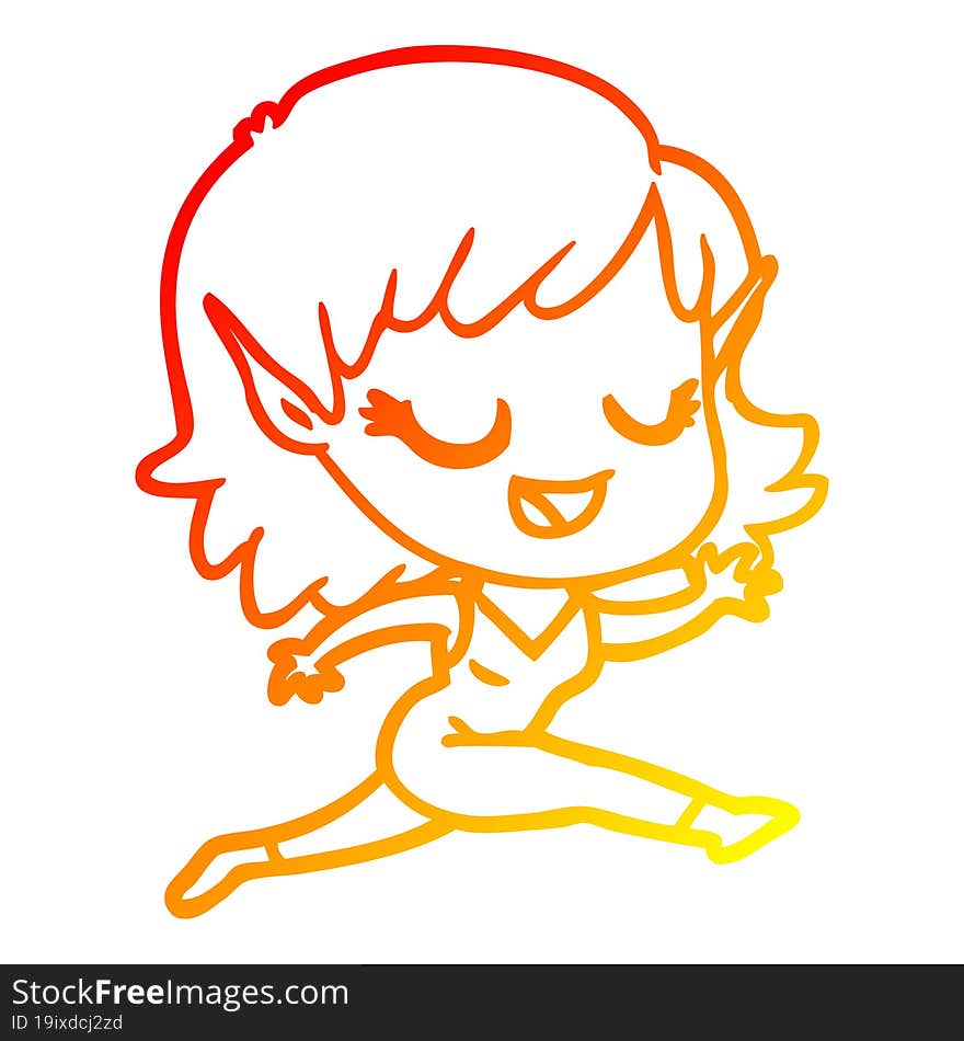 warm gradient line drawing happy cartoon elf girl running