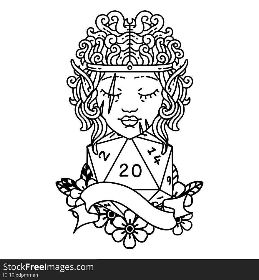 Black and White Tattoo linework Style elf barbarian character face with natural twenty dice roll. Black and White Tattoo linework Style elf barbarian character face with natural twenty dice roll