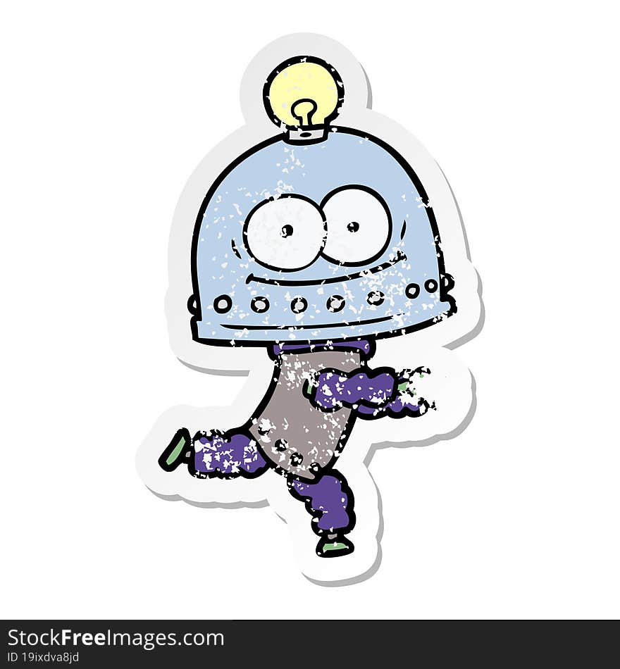 distressed sticker of a happy carton robot with light bulb