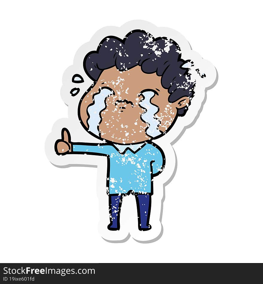 distressed sticker of a cartoon man crying