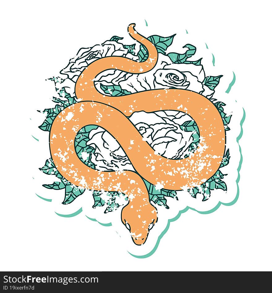 distressed sticker tattoo style icon of a snake and roses