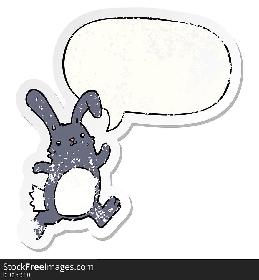 cartoon rabbit running and speech bubble distressed sticker