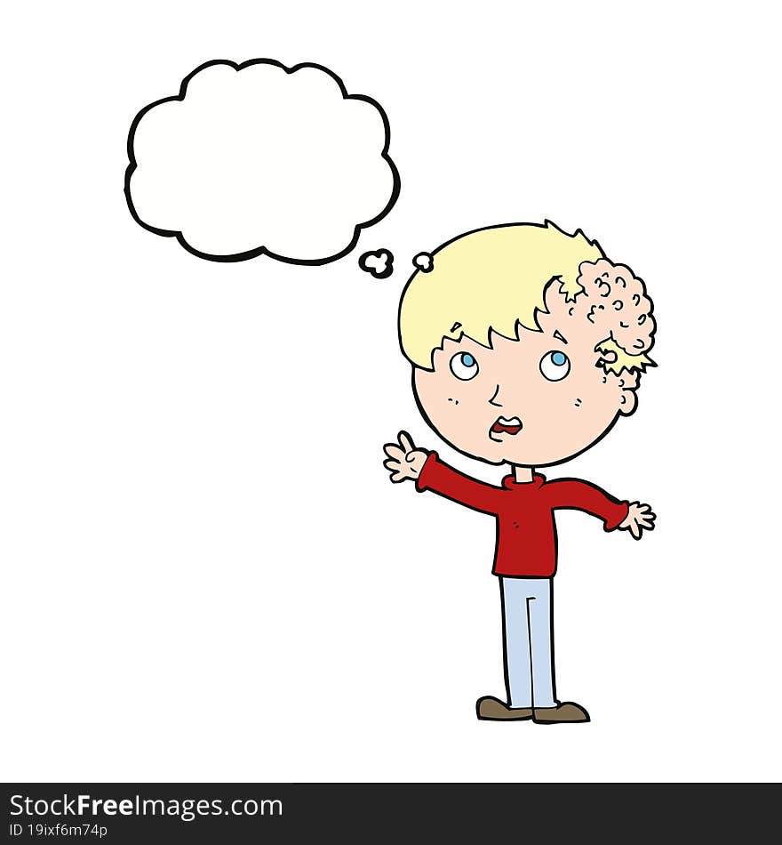 cartoon boy with growth on head with thought bubble