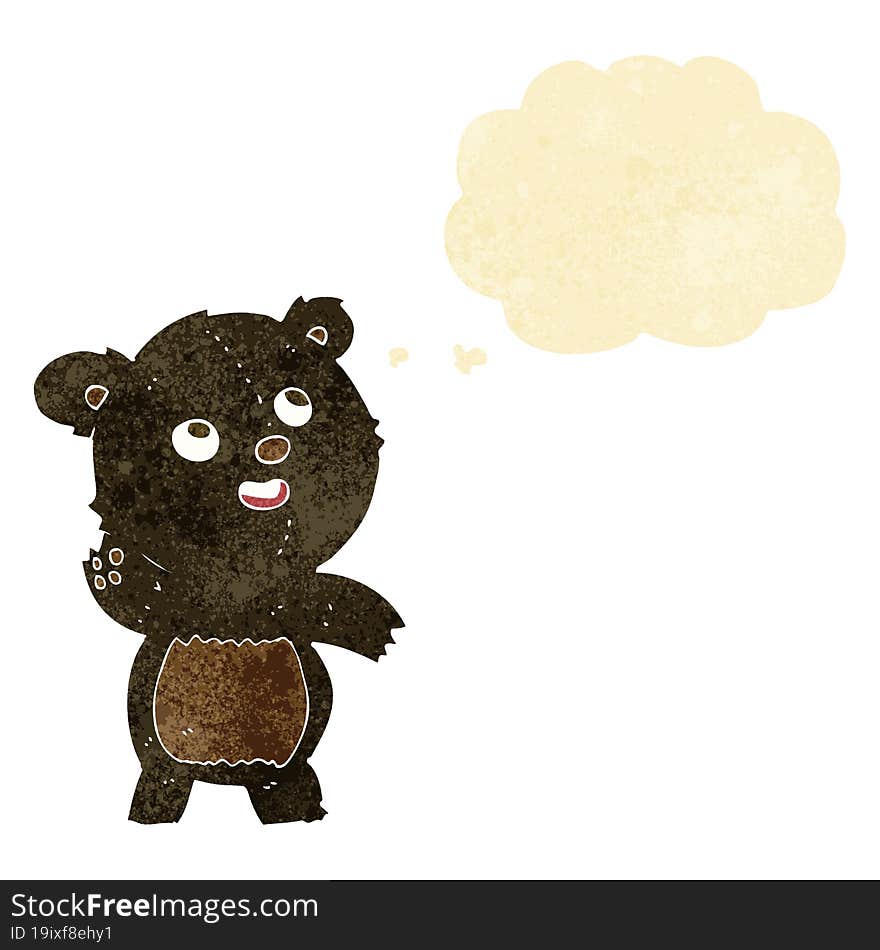 cartoon cute waving black bear teddy with thought bubble