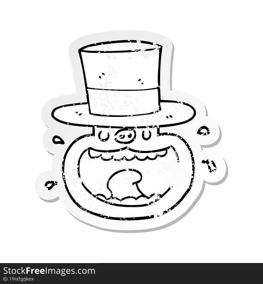 Distressed Sticker Of A Cartoon Pig Wearing Top Hat