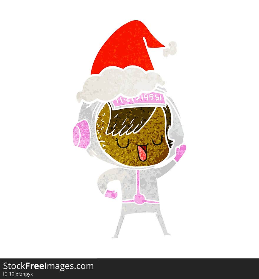 retro cartoon of a astronaut woman wearing santa hat