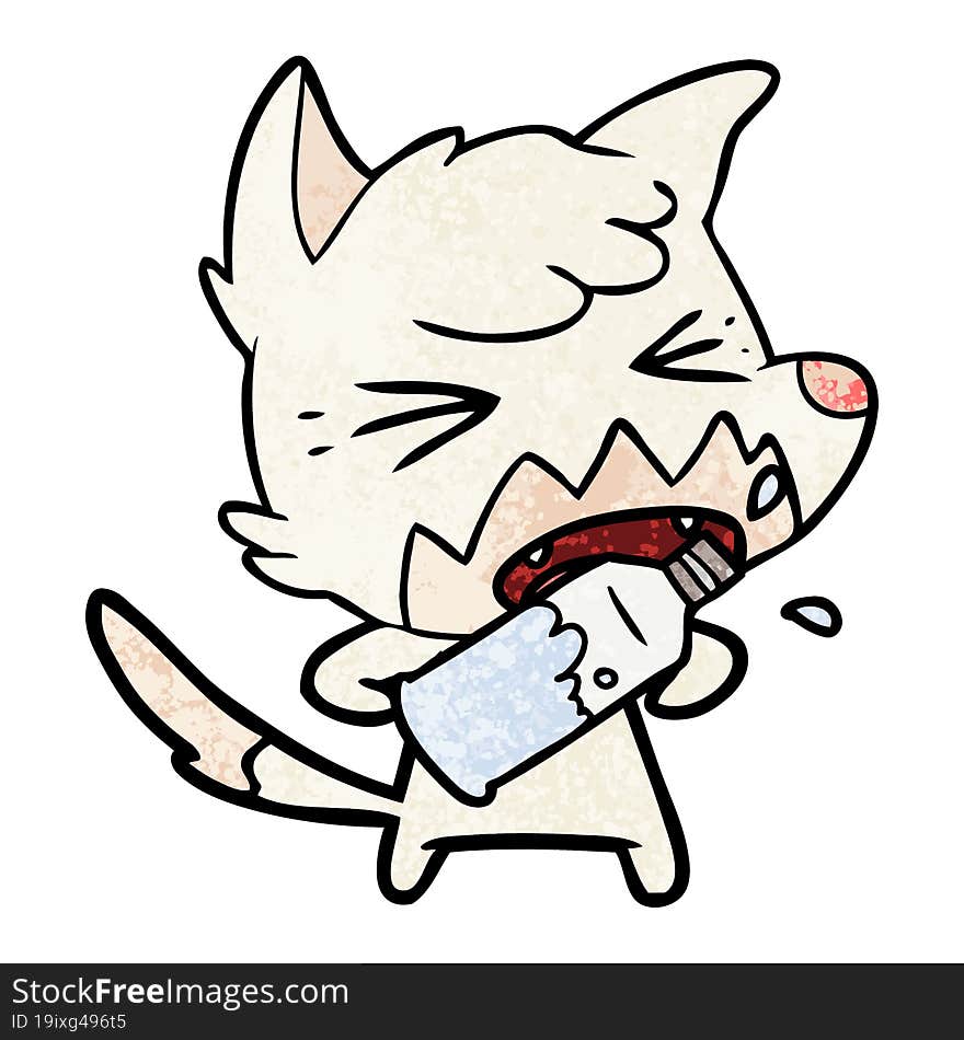 angry cartoon fox opening water bottle. angry cartoon fox opening water bottle