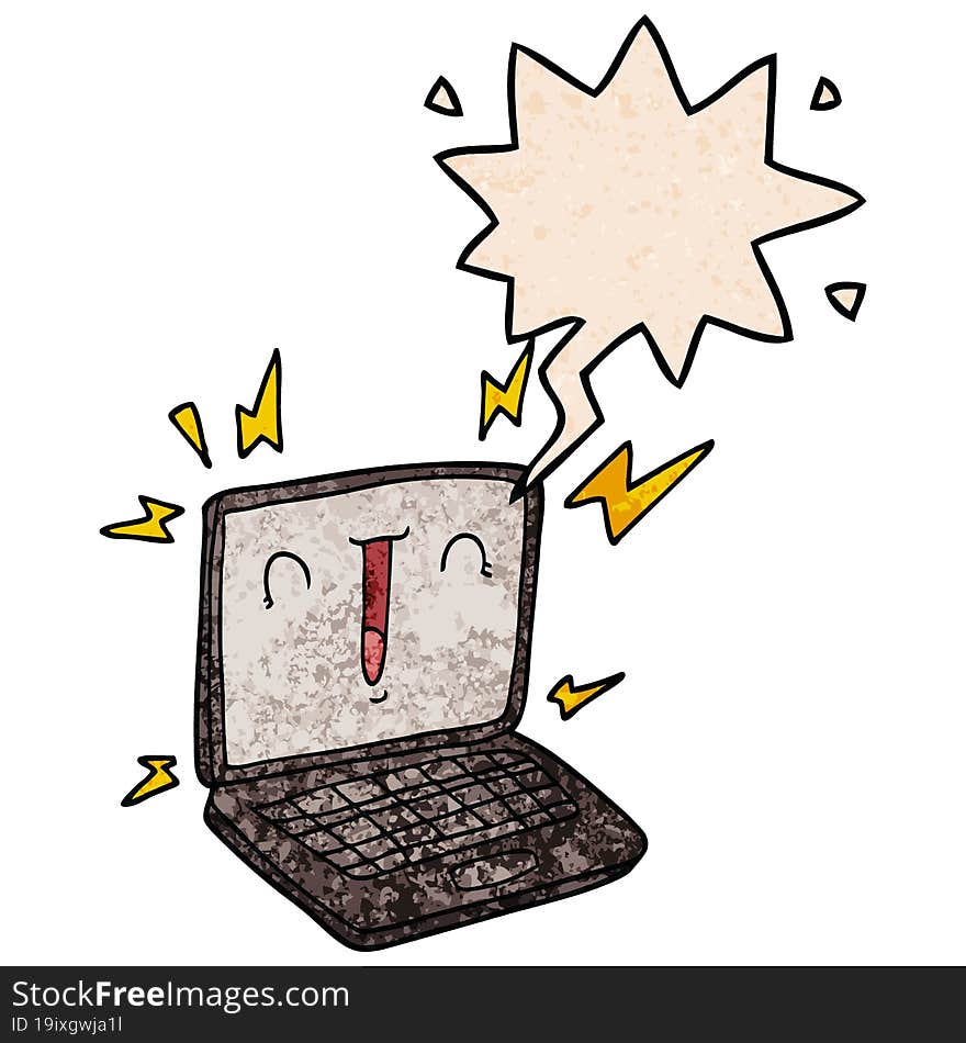 cartoon laptop computer and speech bubble in retro texture style