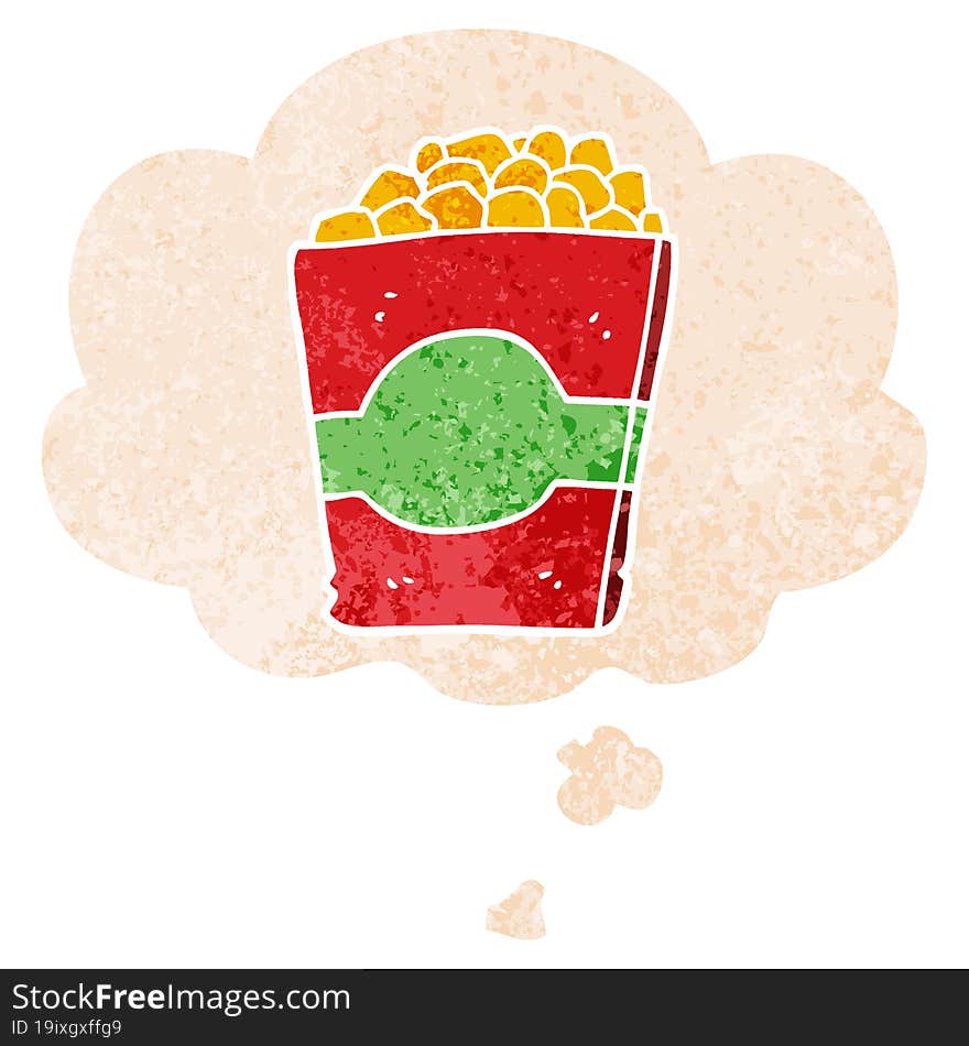 cartoon popcorn and thought bubble in retro textured style