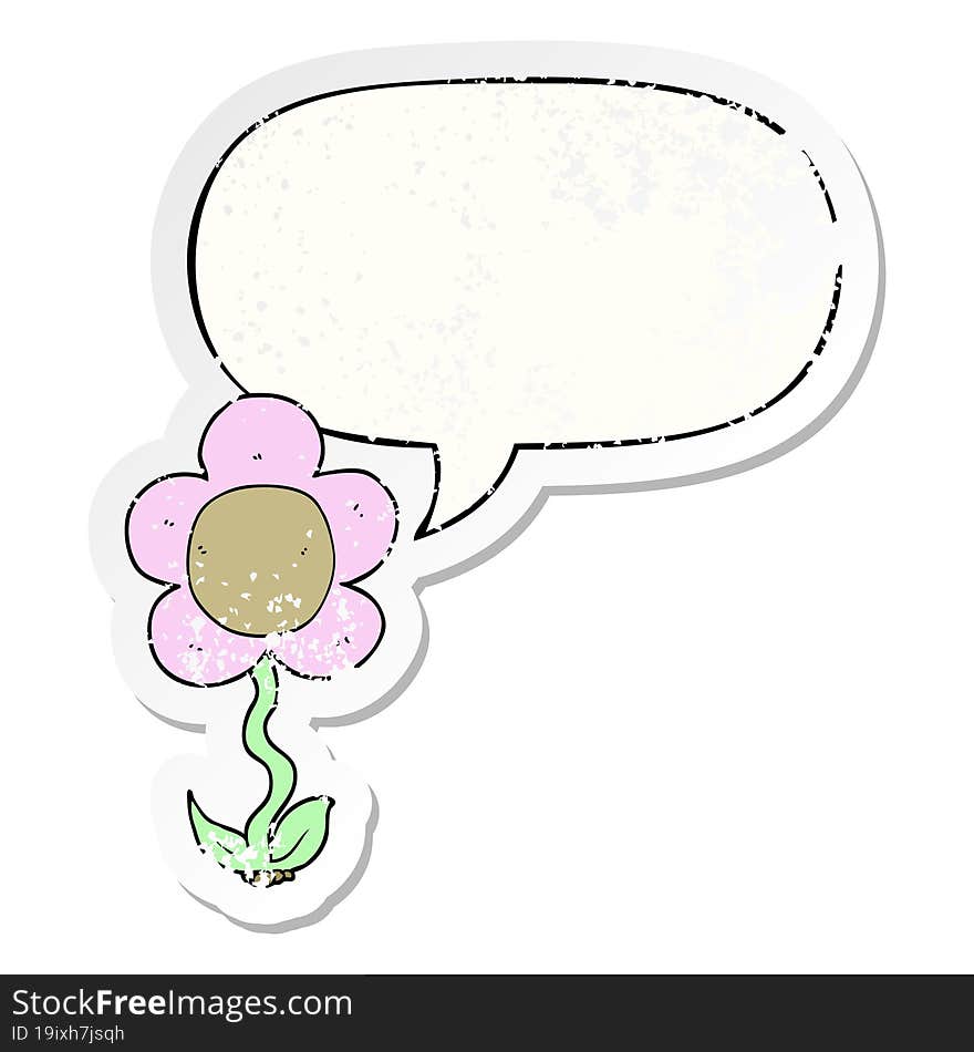 cartoon flower and speech bubble distressed sticker