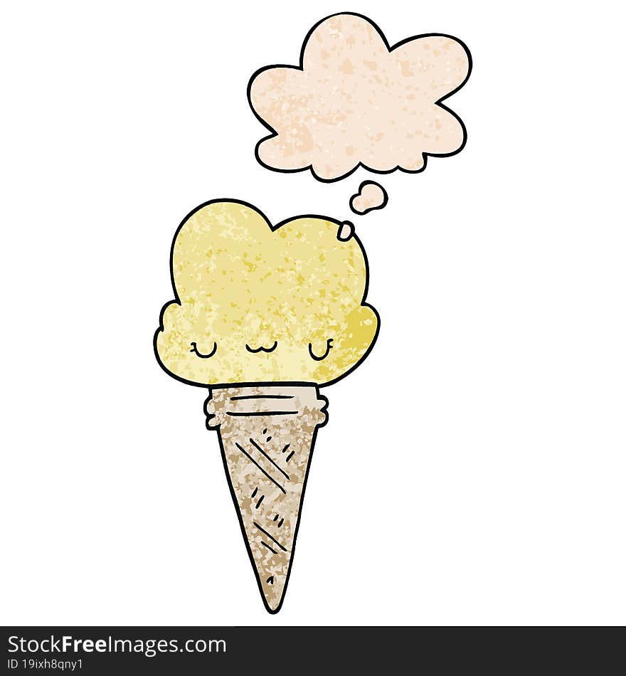 cartoon ice cream with face with thought bubble in grunge texture style. cartoon ice cream with face with thought bubble in grunge texture style