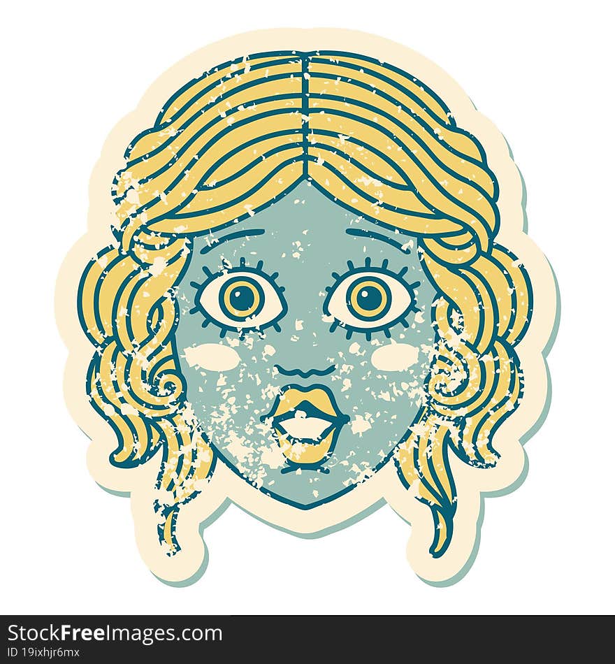 distressed sticker tattoo style icon of female face