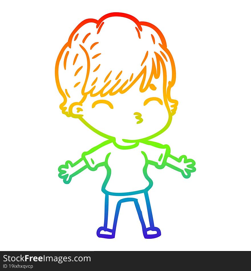 Rainbow Gradient Line Drawing Cartoon Woman Thinking