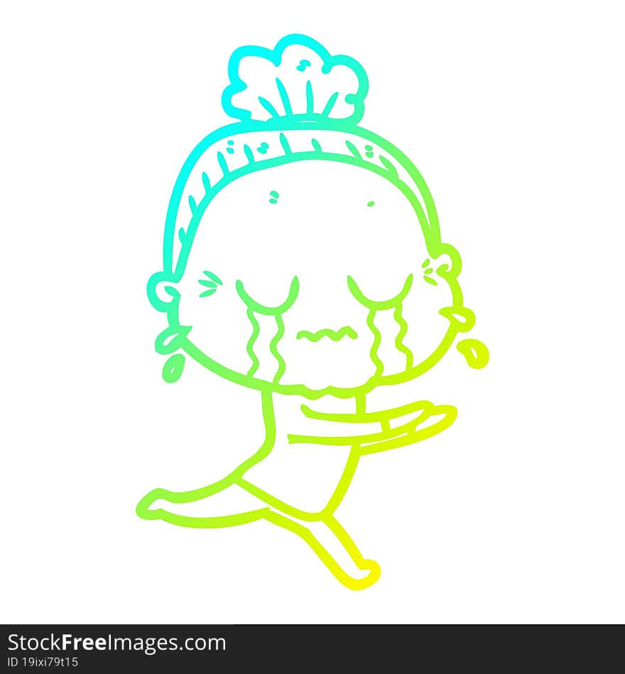 Cold Gradient Line Drawing Cartoon Crying Old Lady