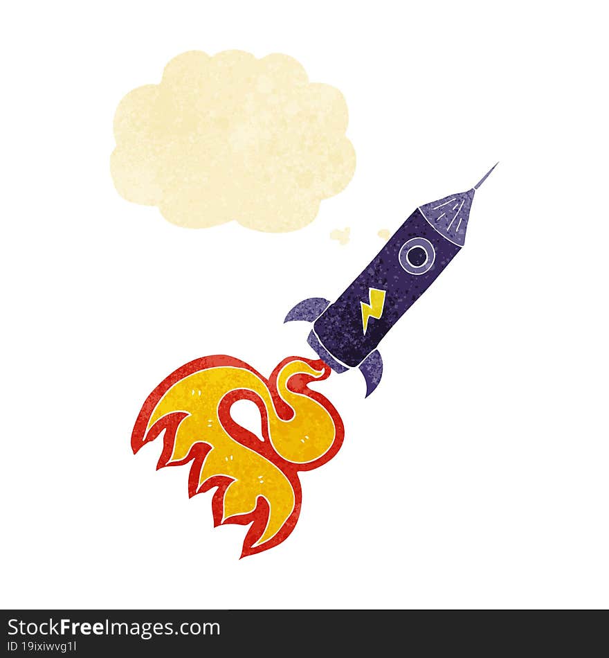 cartoon space rocket with thought bubble