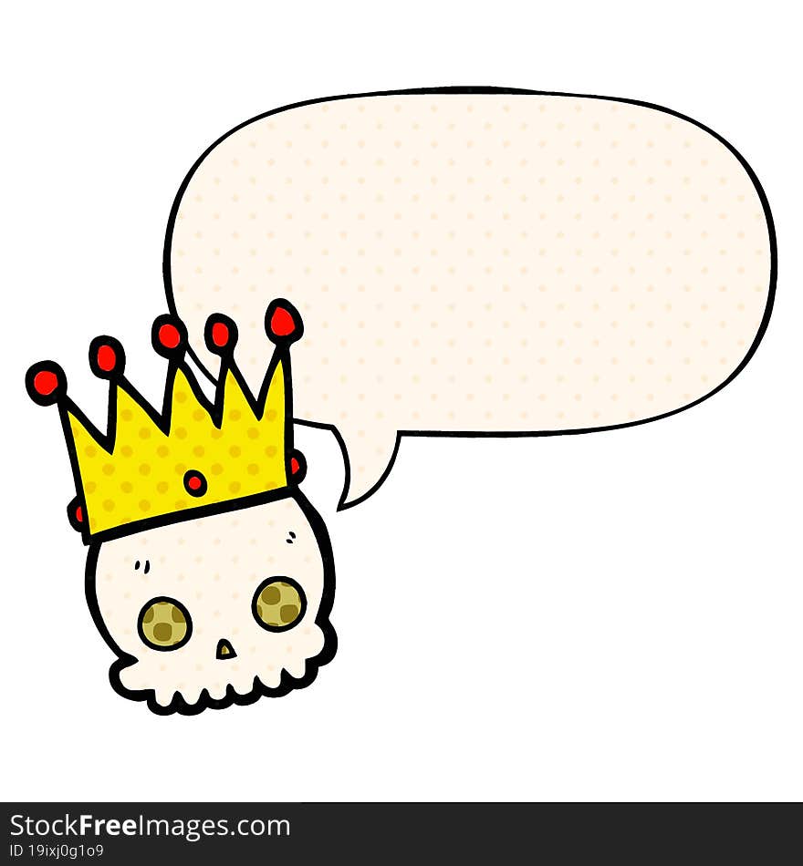 cartoon skull and crown and speech bubble in comic book style