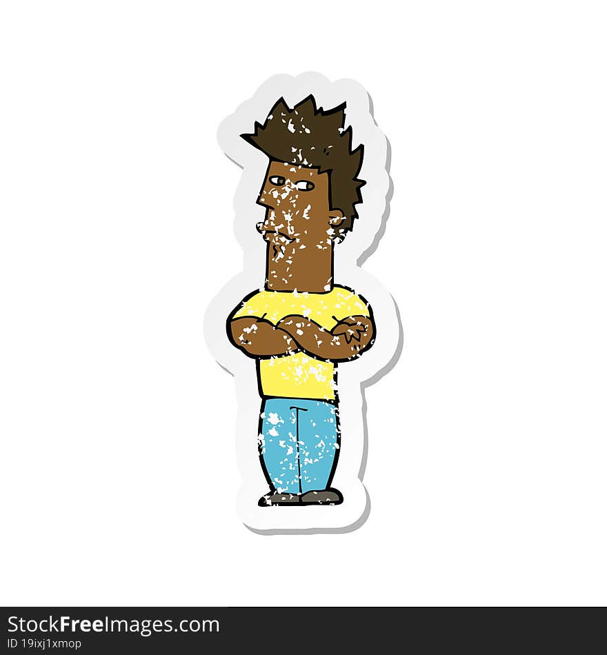 retro distressed sticker of a cartoon man sulking