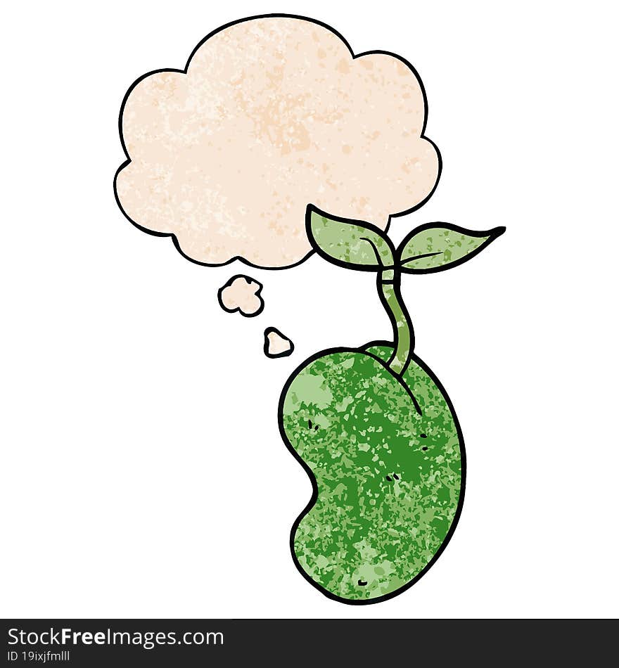 cartoon sprouting seed and thought bubble in grunge texture pattern style