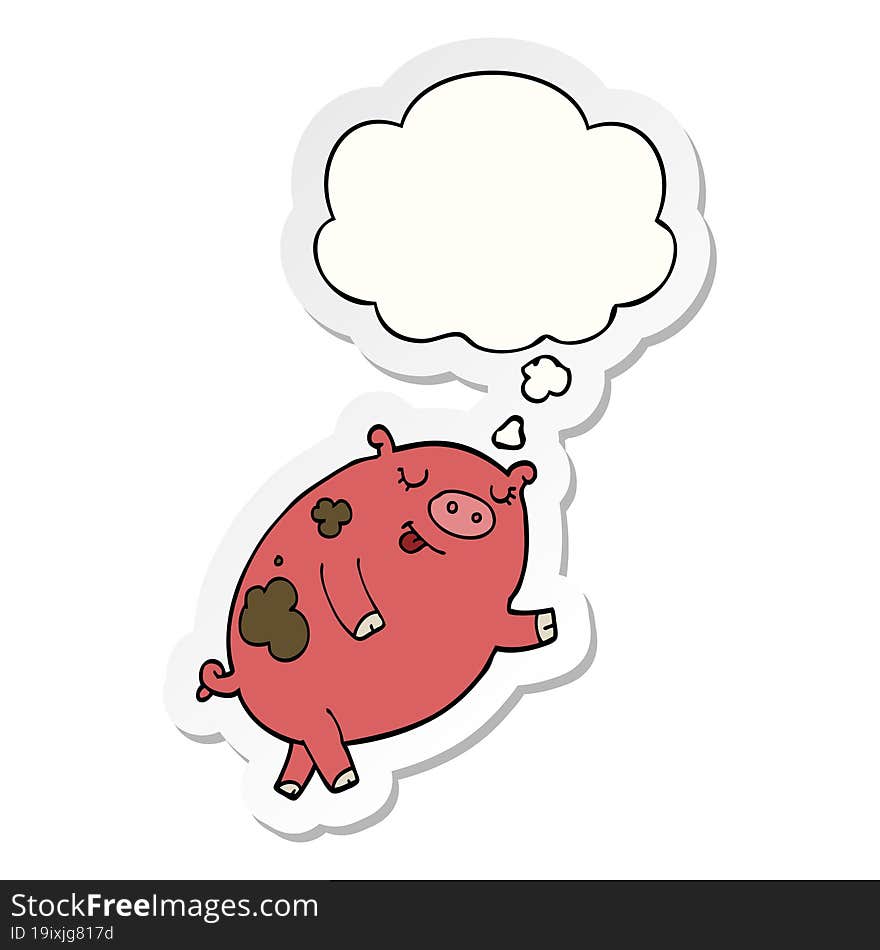 cartoon dancing pig and thought bubble as a printed sticker