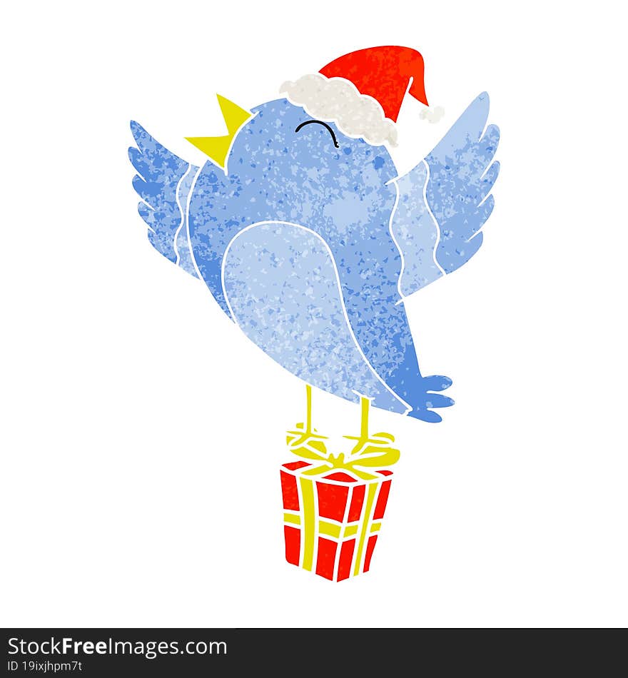 retro cartoon of a bird wearing santa hat