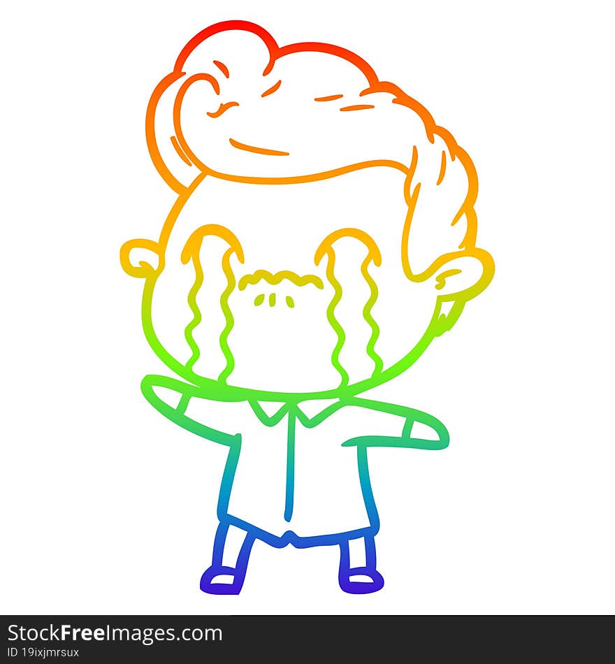 rainbow gradient line drawing of a cartoon man crying