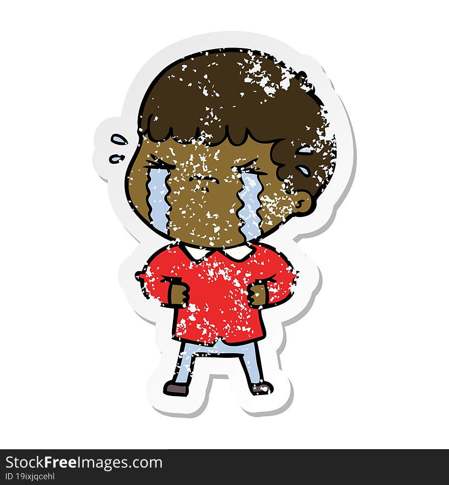 distressed sticker of a cartoon man crying