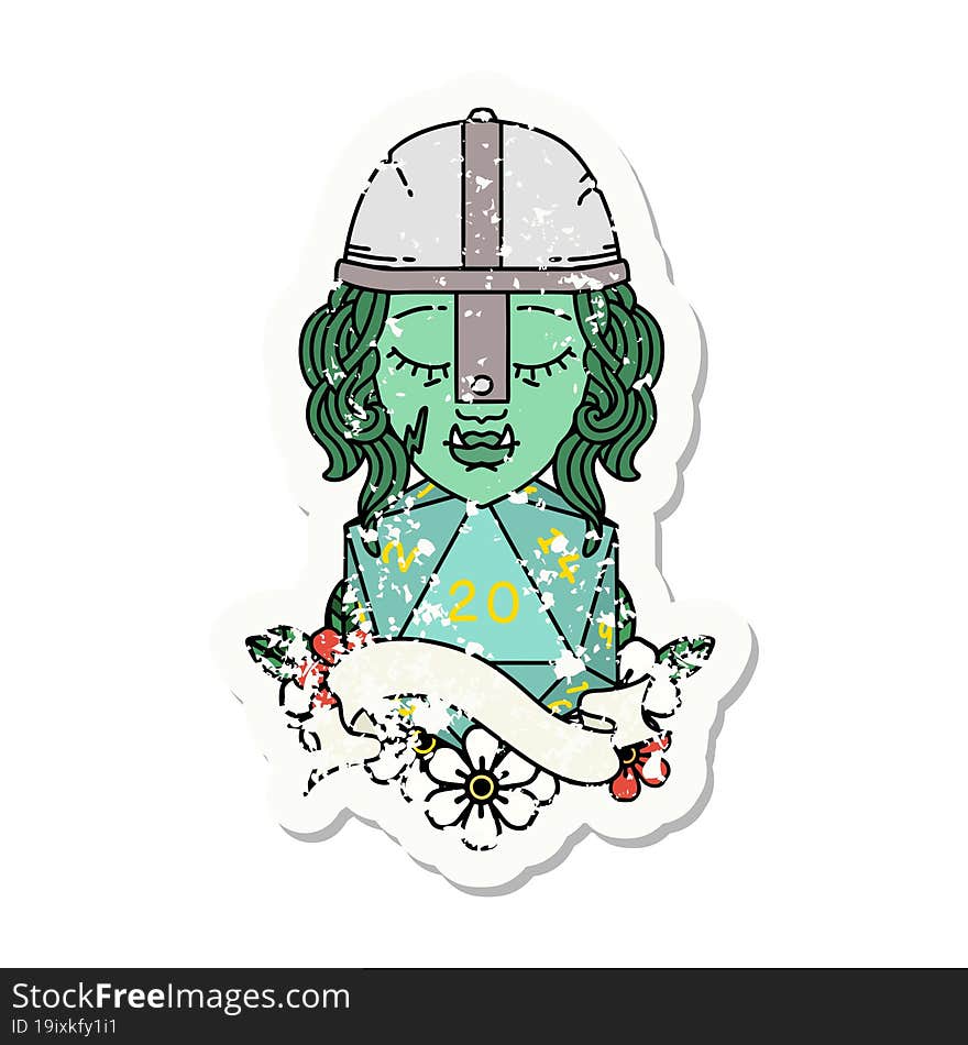 half orc fighter character with natural 20 dice roll grunge sticker