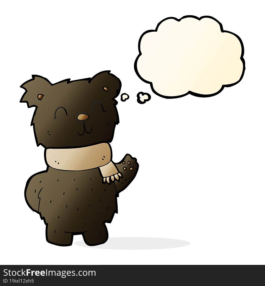 cartoon waving black bear with thought bubble