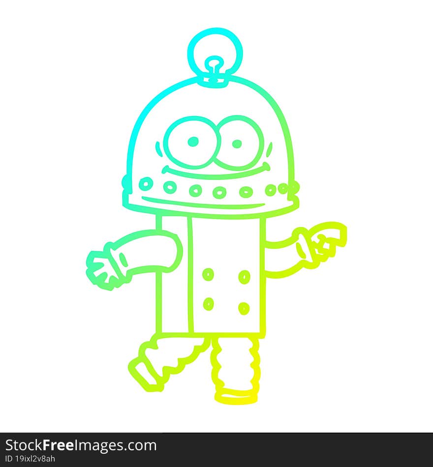 cold gradient line drawing of a happy carton robot with light bulb