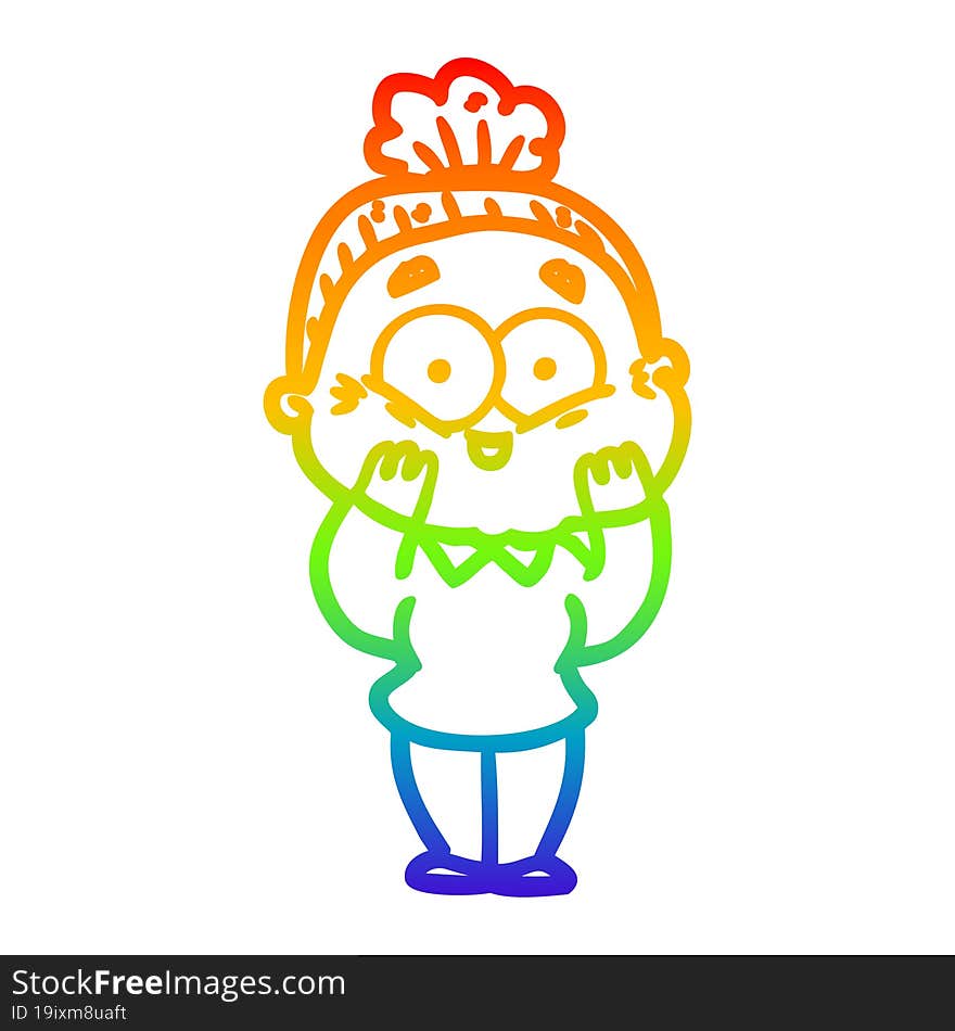 rainbow gradient line drawing of a cartoon happy old woman