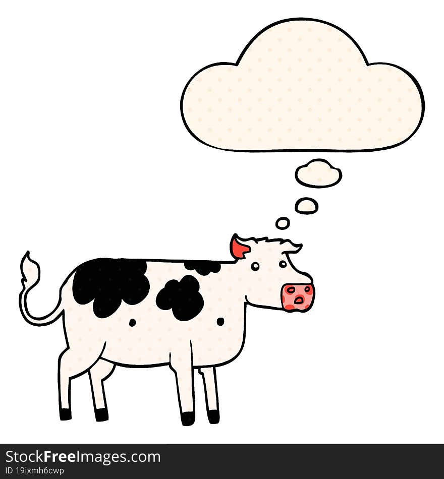 cartoon cow and thought bubble in comic book style