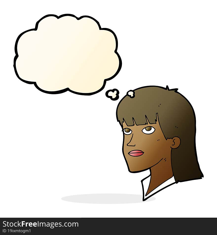 cartoon serious woman with thought bubble