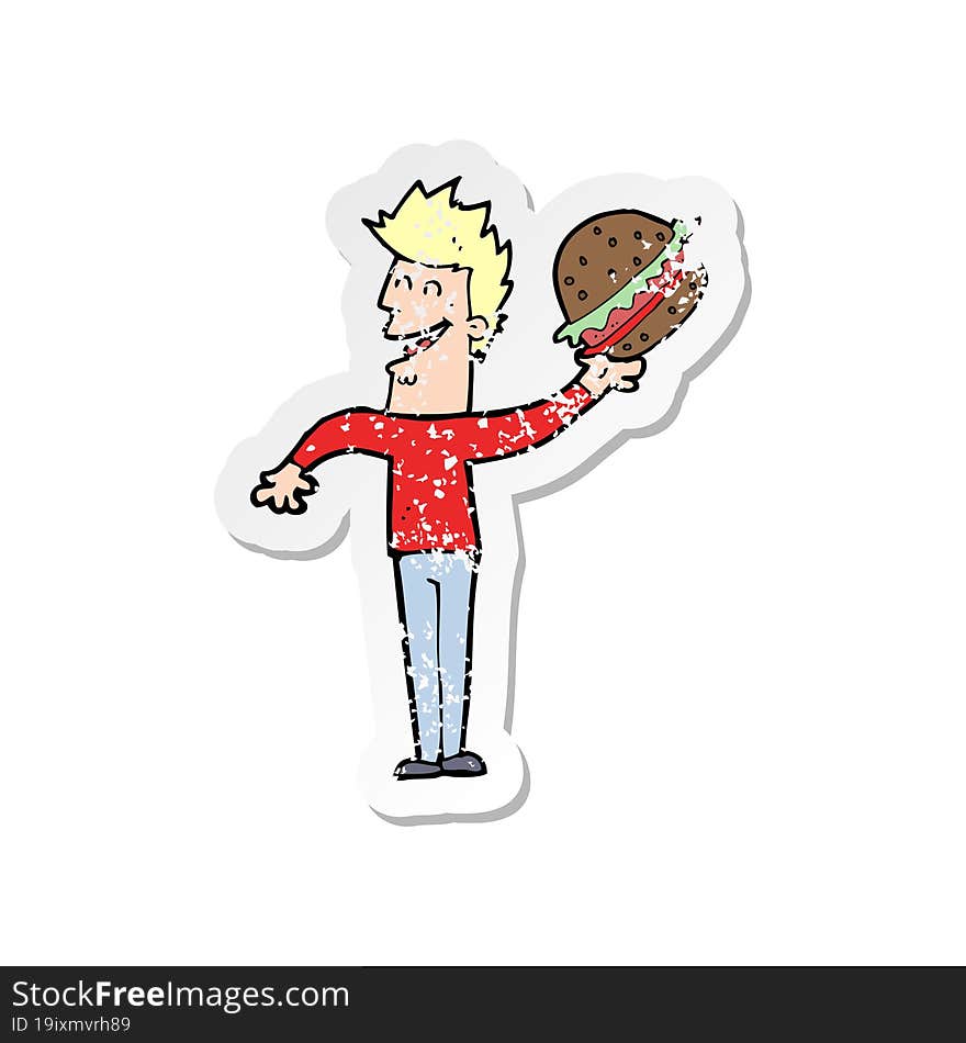 retro distressed sticker of a cartoon man with burger