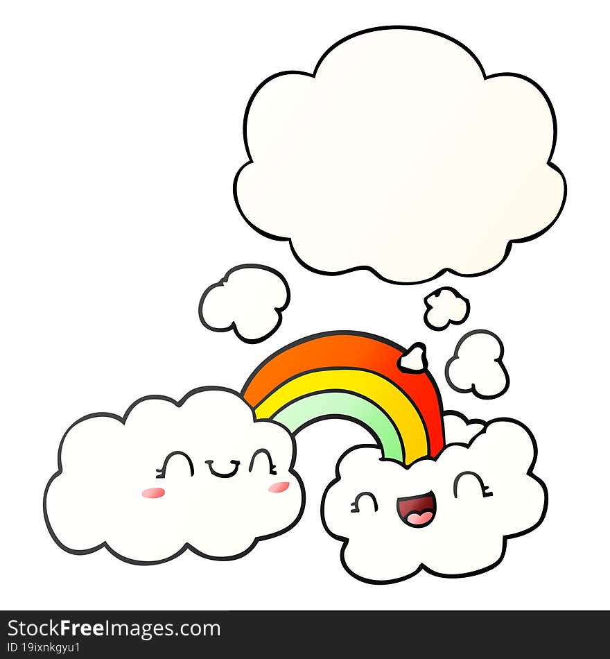 happy cartoon clouds and rainbow and thought bubble in smooth gradient style