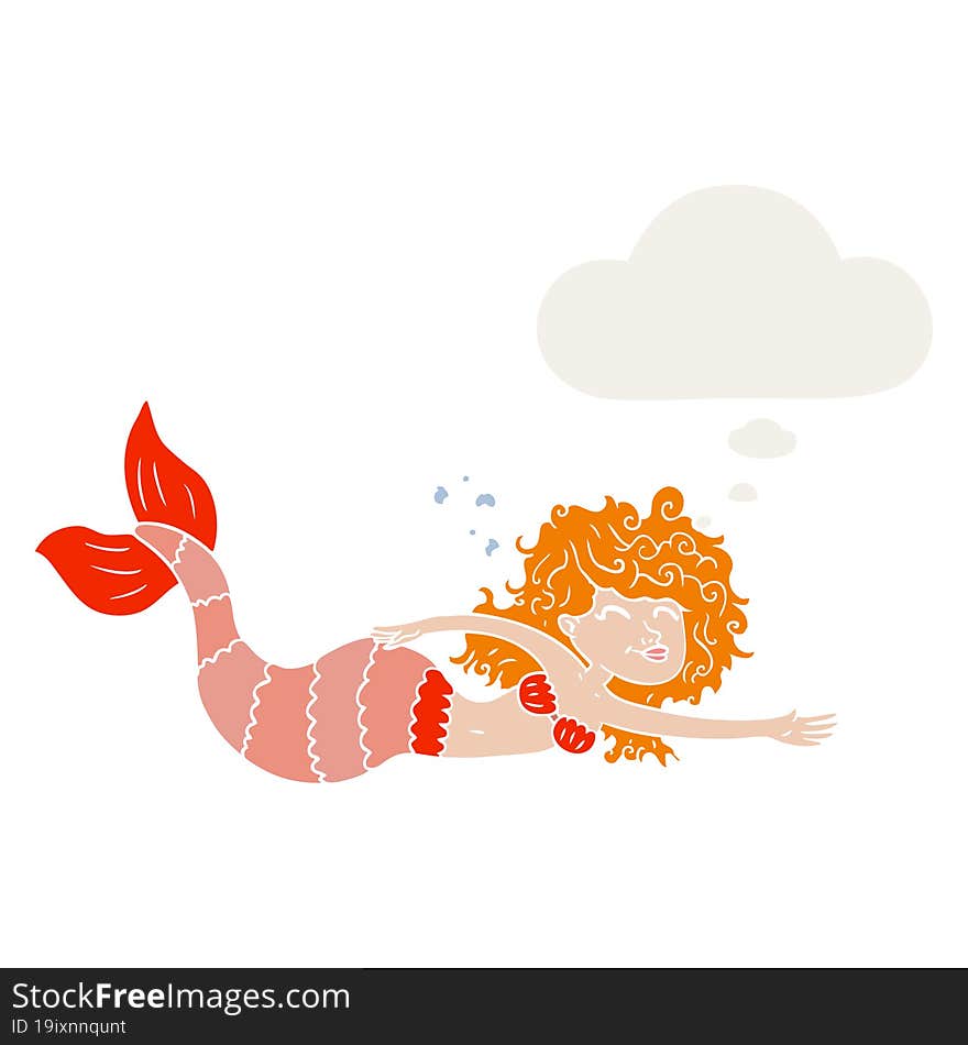 cartoon mermaid with thought bubble in retro style