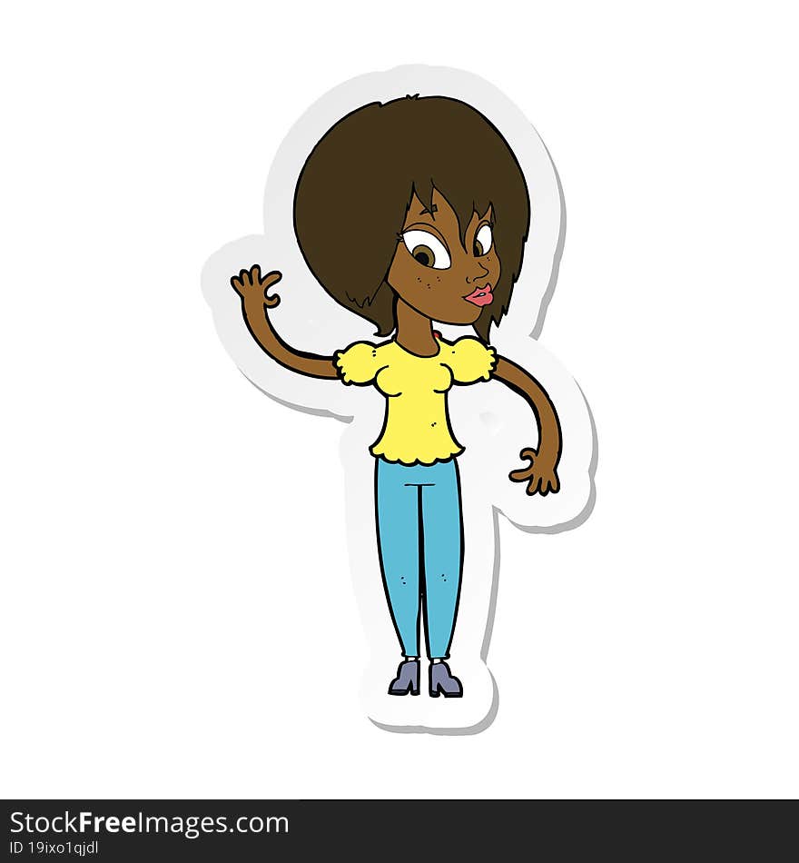 sticker of a cartoon woman waving