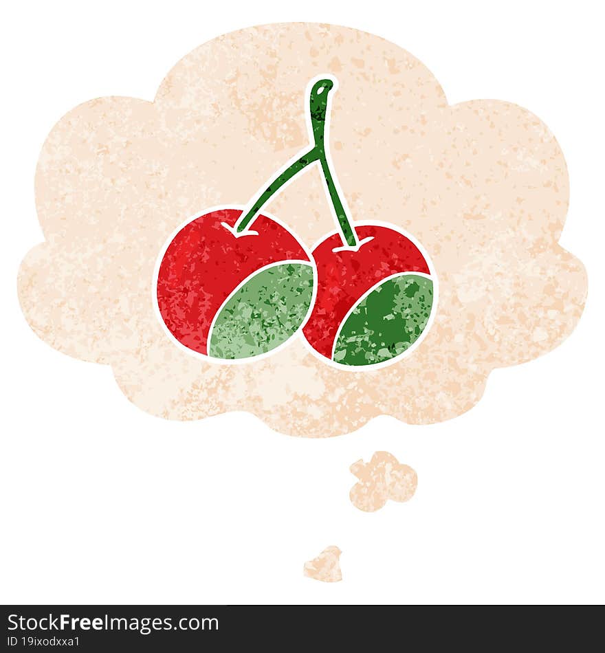 cartoon cherries and thought bubble in retro textured style