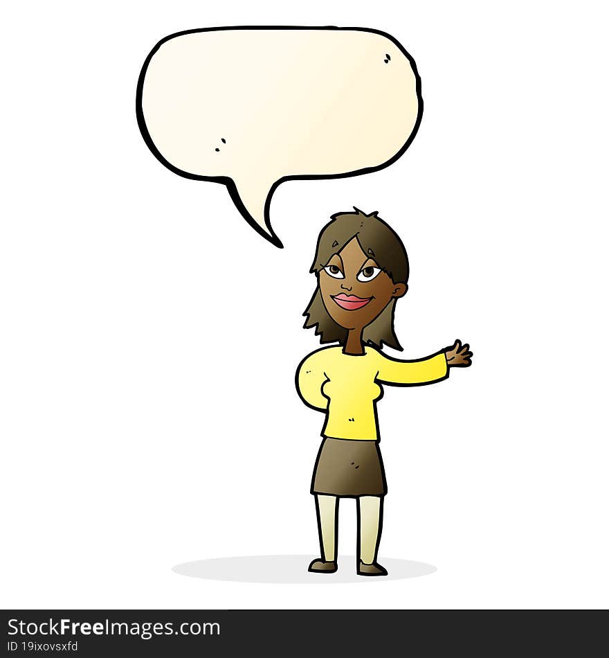 cartoon woman gesturing to show something with speech bubble