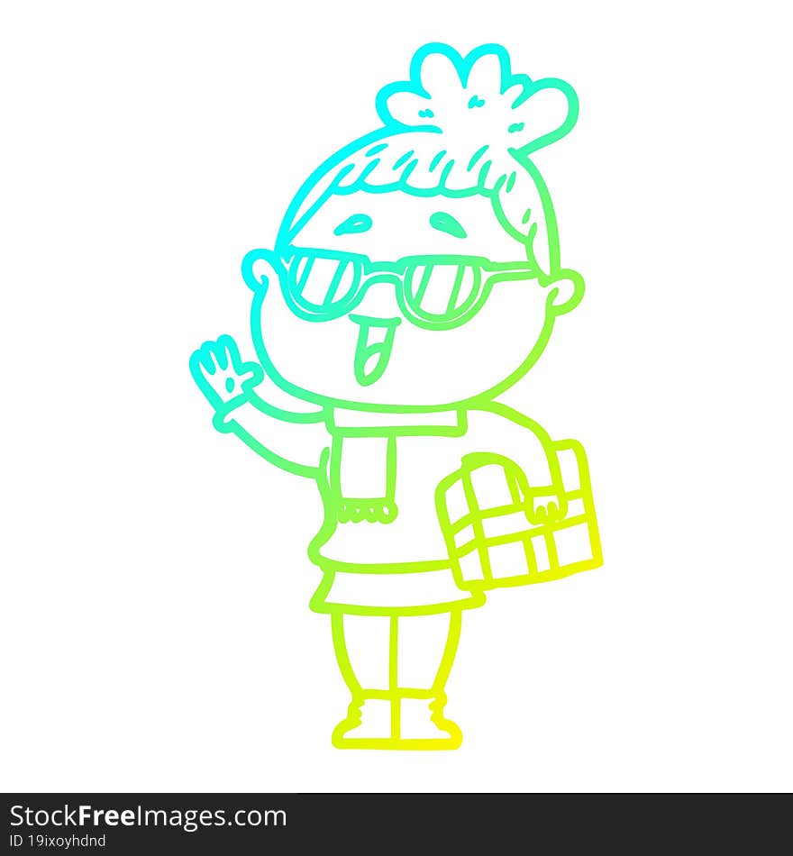 Cold Gradient Line Drawing Cartoon Happy Woman Wearing Spectacles