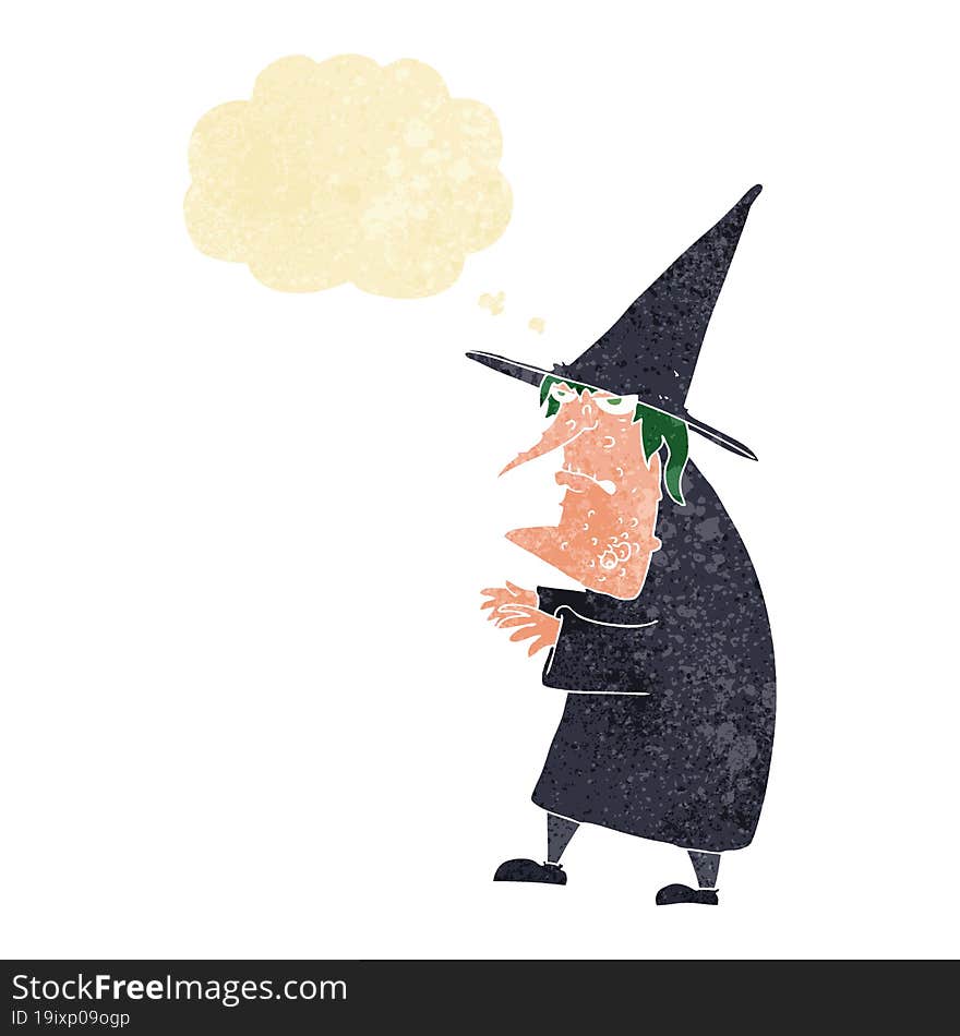 cartoon ugly old witch with thought bubble