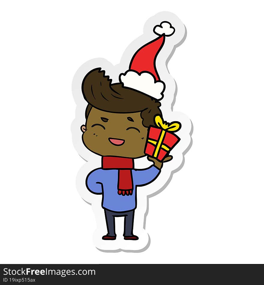 Sticker Cartoon Of A Man Laughing Wearing Santa Hat